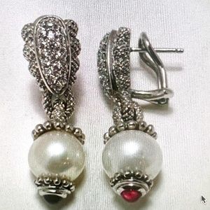 JUDITH RIPKA STERLING SILVER CULTURED PEARL AND RUBY DANGLE EARRINGS